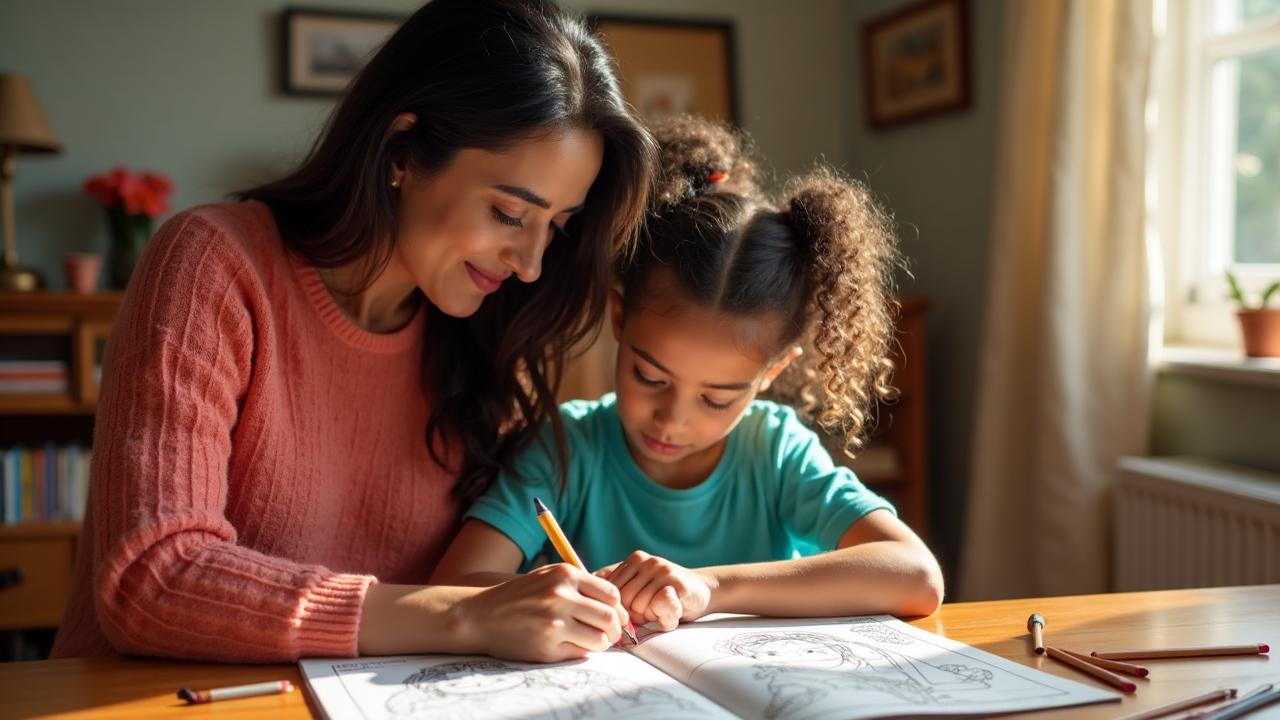 Latina mother and daughter enjoying educational coloring book together