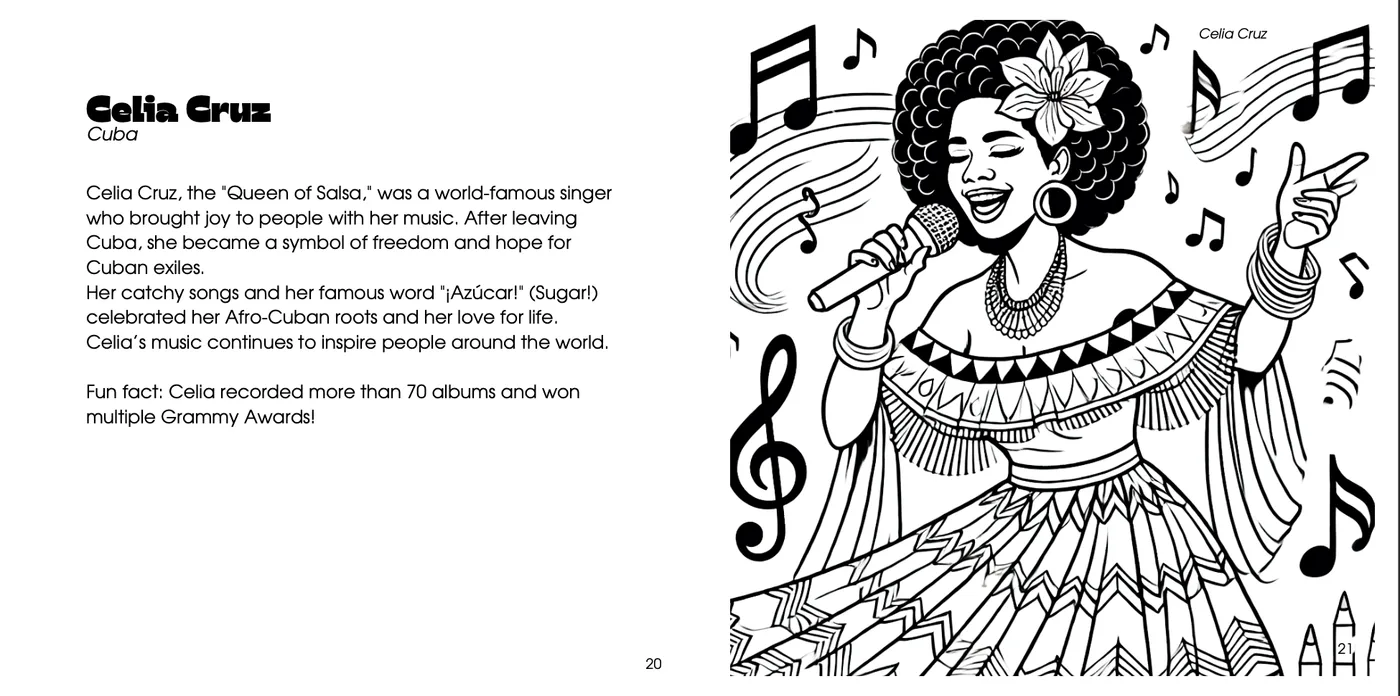 Celia Cruz coloring page from Roots of Power book by Audora Media