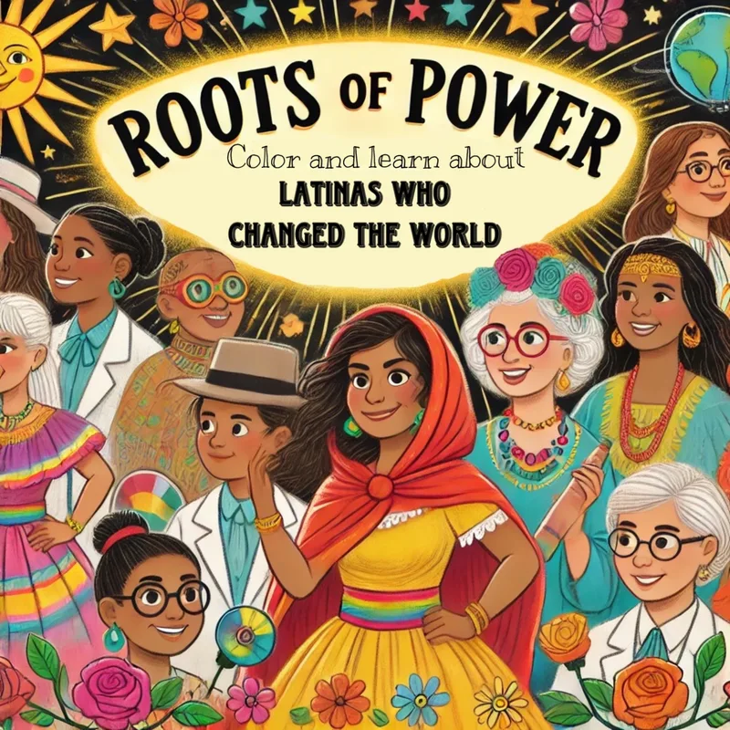 Roots of Power coloring book cover by Audora Media featuring inspiring Latina women